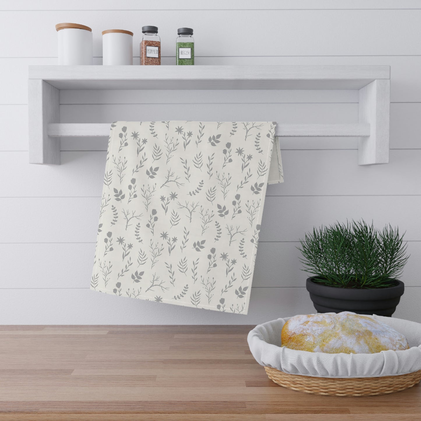 Grey and White Floral Dish Towel