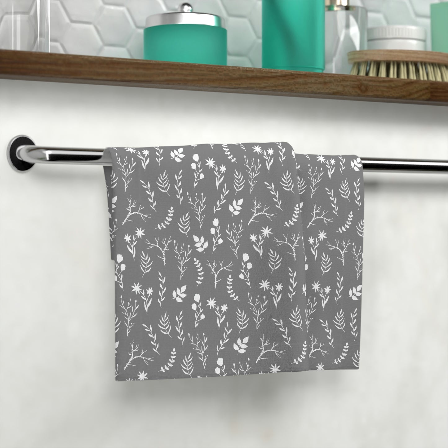 Grey and White Floral Print Face Towel