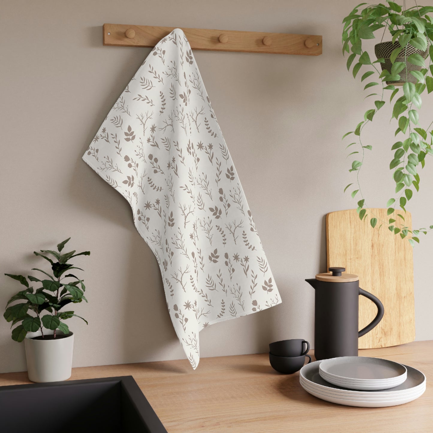 Taupe and White Floral Dish Towel