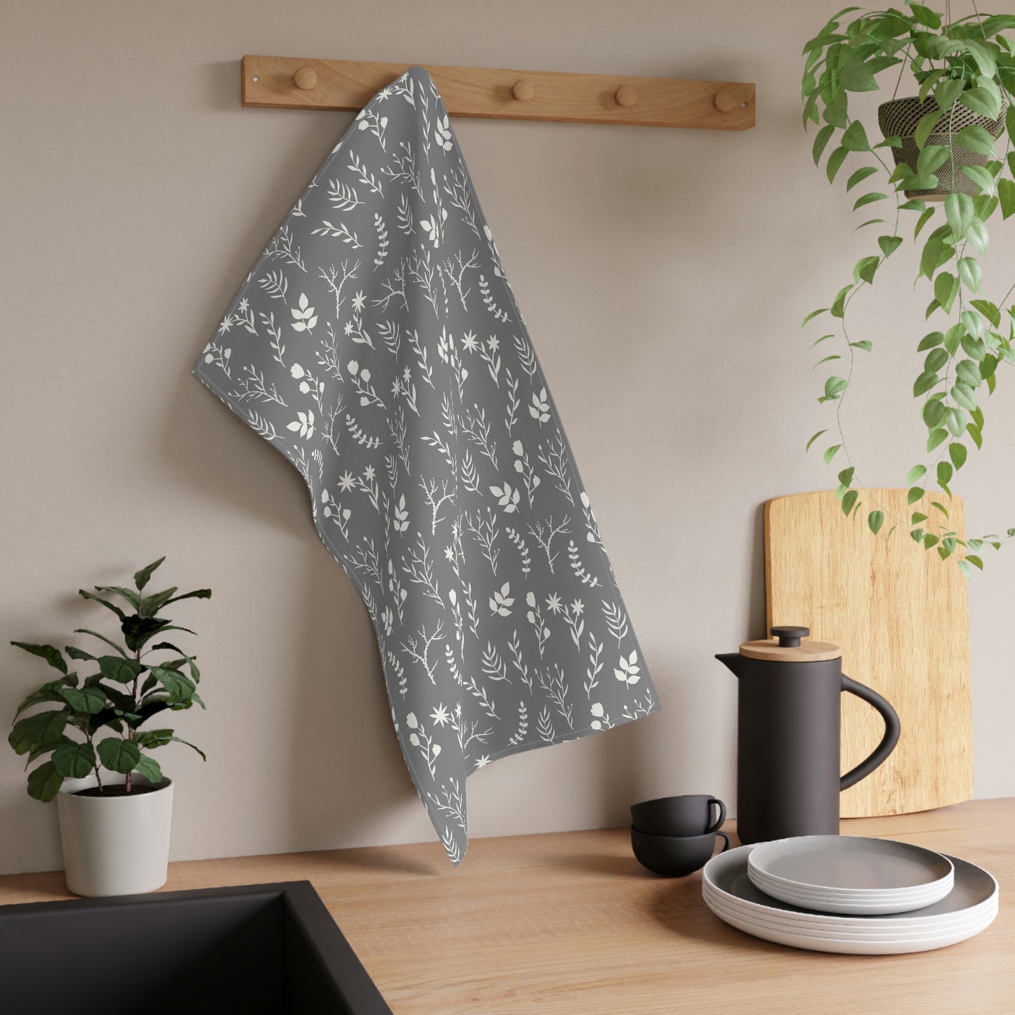 White and Grey Floral Kitchen Dish Towel | Farmhouse Tea Towel