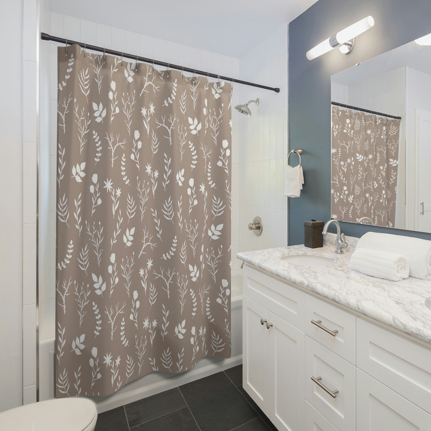 Floral Shower Curtain | Cream and White Botanical Shower Curtain | Stylish Shower Curtain