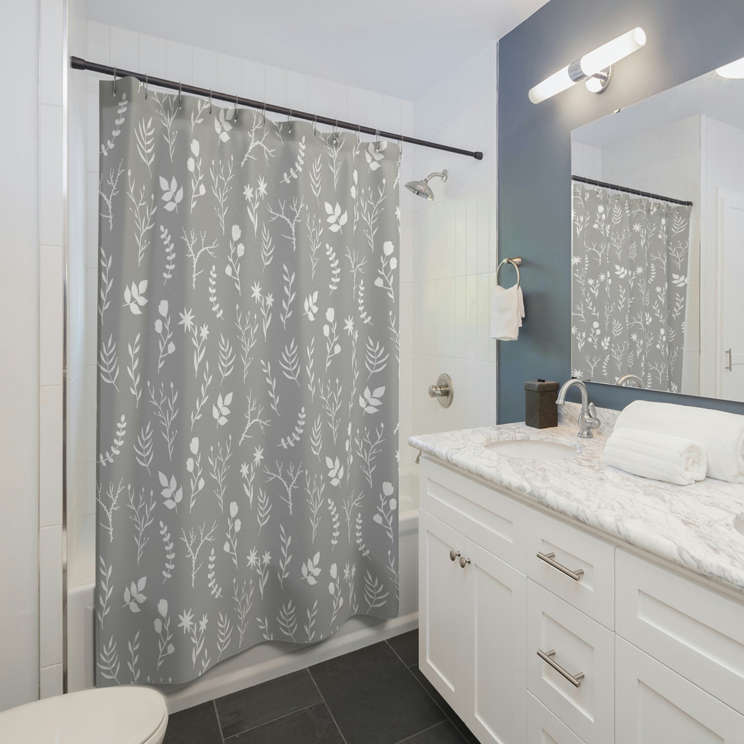 Luxurious Grey and White Floral Shower Curtain | Modern Floral Bathroom Shower Curtain