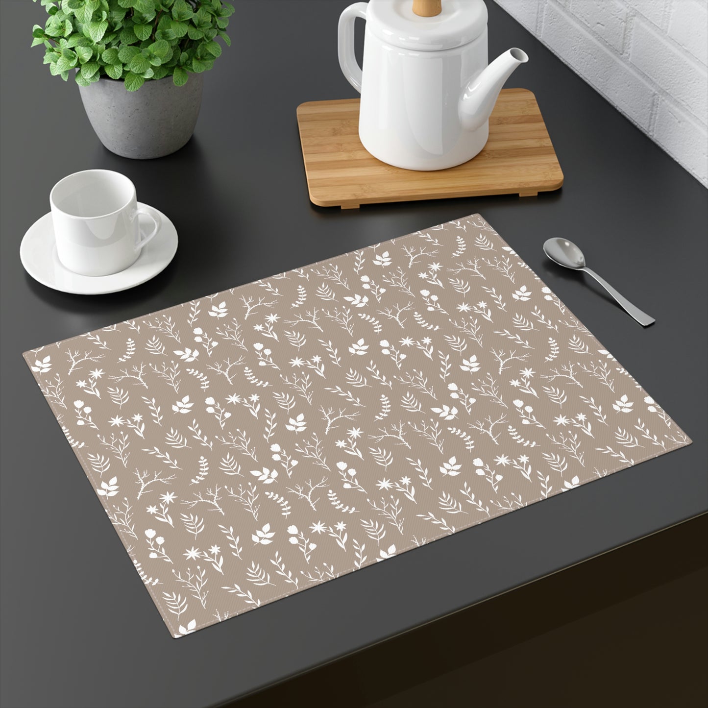 White and Taupe Floral Print Placemat