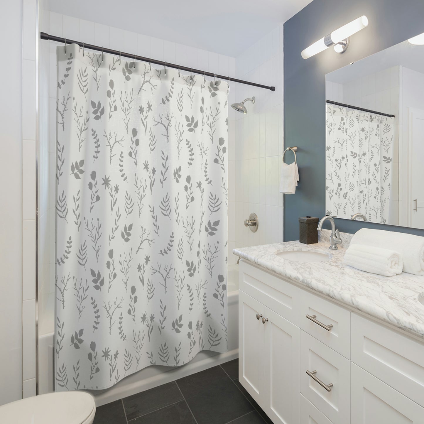 Grey and White Floral Print Shower Curtain | Modern Bathroom Floral Print Shower Curtain | Washable Shower Curtain
