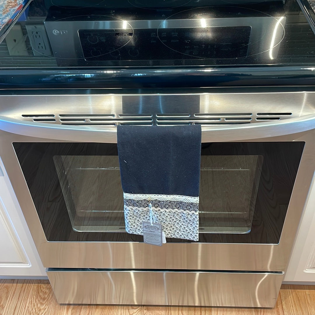 Black and Cream Tea Towel, Cottage Core Designed Dish Towel. Handcrafted in Canada by Home Stitchery Decor - Home Stitchery Decor