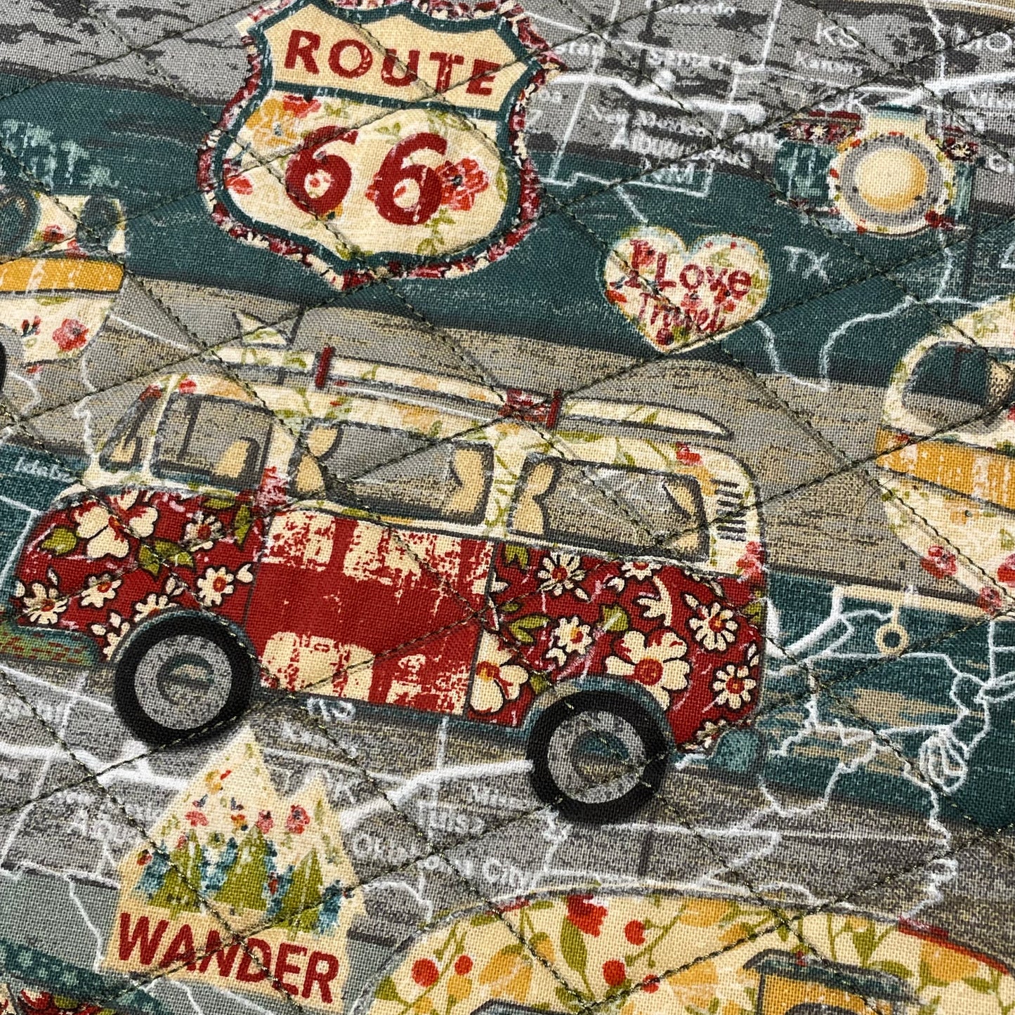 Cute Camping Placemats, Quilted Route 66 Placemats, Set of 2 - Home Stitchery Decor
