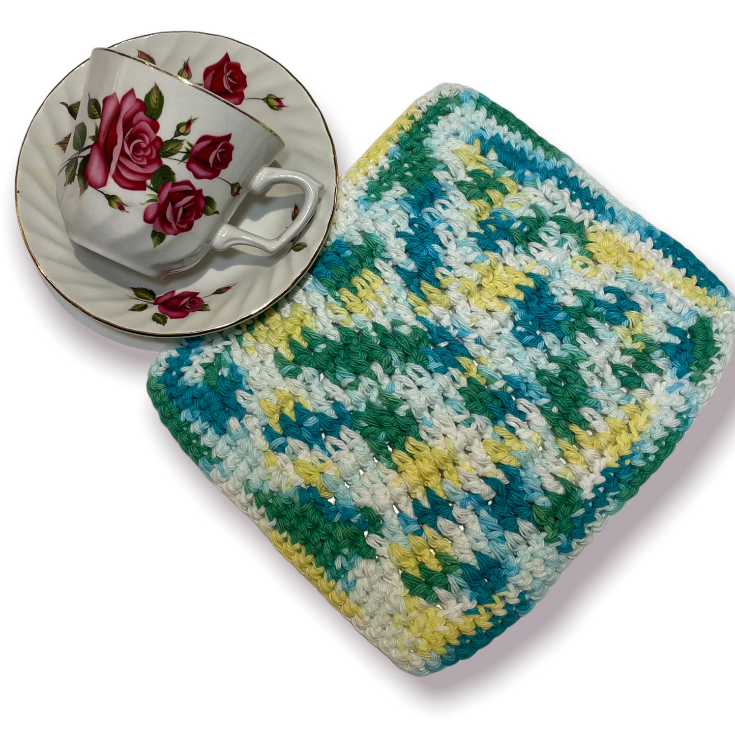 Crotched Cotton Wash Cloth. Farmhouse style kitchen dish cloth handcrafted in Canada. Part of a collection of coordinating kitchen lines and art. Mix and match your favorite cottage core home decor. Or follow along on the Home Stitchery Decor YouTube Channel. Teal Cotton Kitchen Dish Cloth.