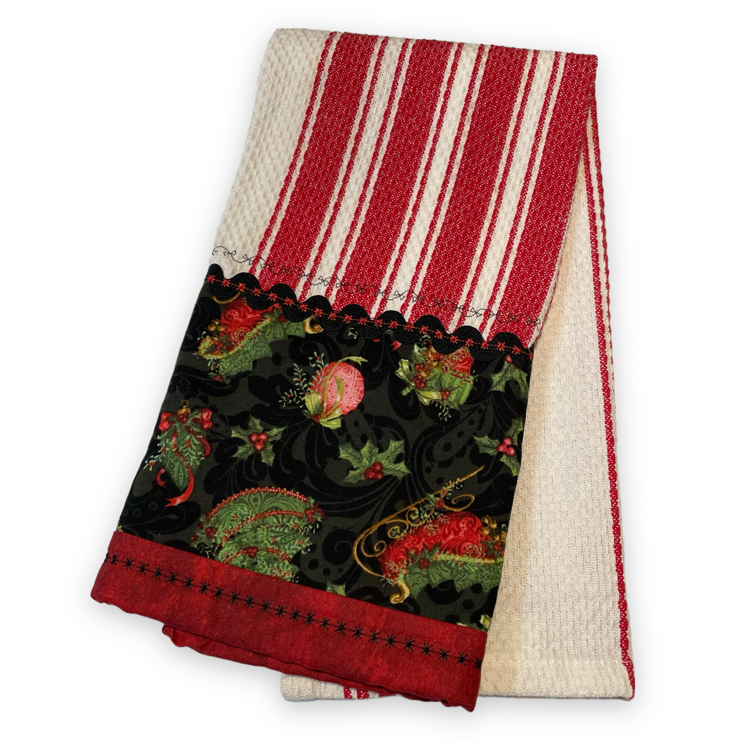 Red and White Striped Christmas Tea Towel, Christmas Kitchen Dish Towel - Home Stitchery Decor