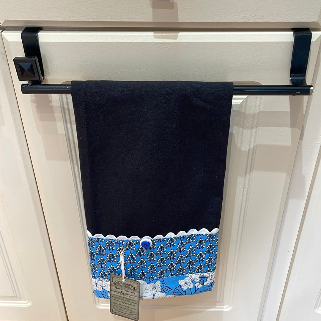 Blue and Black handcrafted in Canada Dish Towel. Featuring RicRac, Embroidery Stitching and Buttons. Shop coordinated kitchen and home decor or learn to make your own with sewing tutorials on the Home Stitchery Decor YouTube Channel.