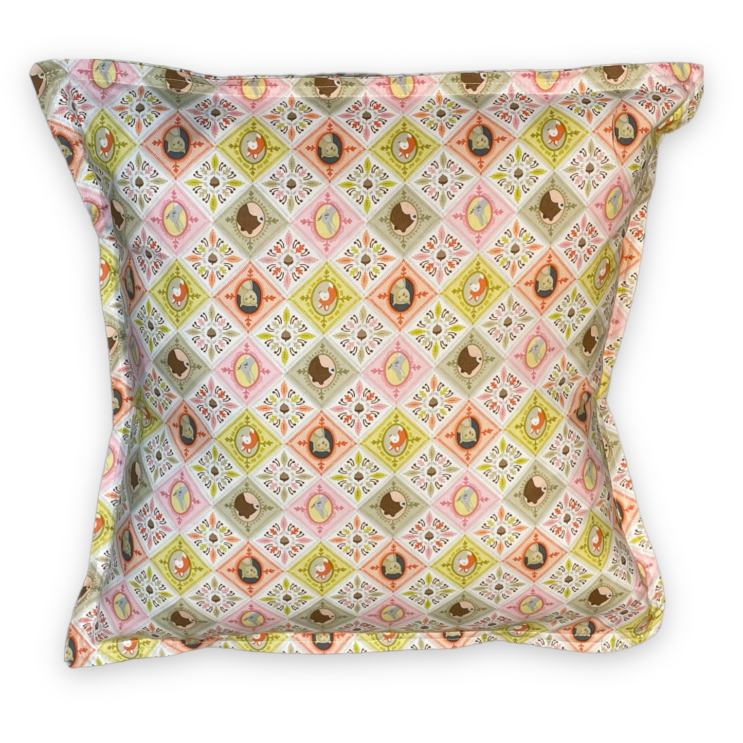 Cute Childrens Pillow. Washable Cotton with cute animal print. Envelope closers with double flange accent. Made by Home Stitchery Decor. Part of a collection of mix and match decor. Shop the look and follow along on the Home Stitchery Decor YouTube Channel