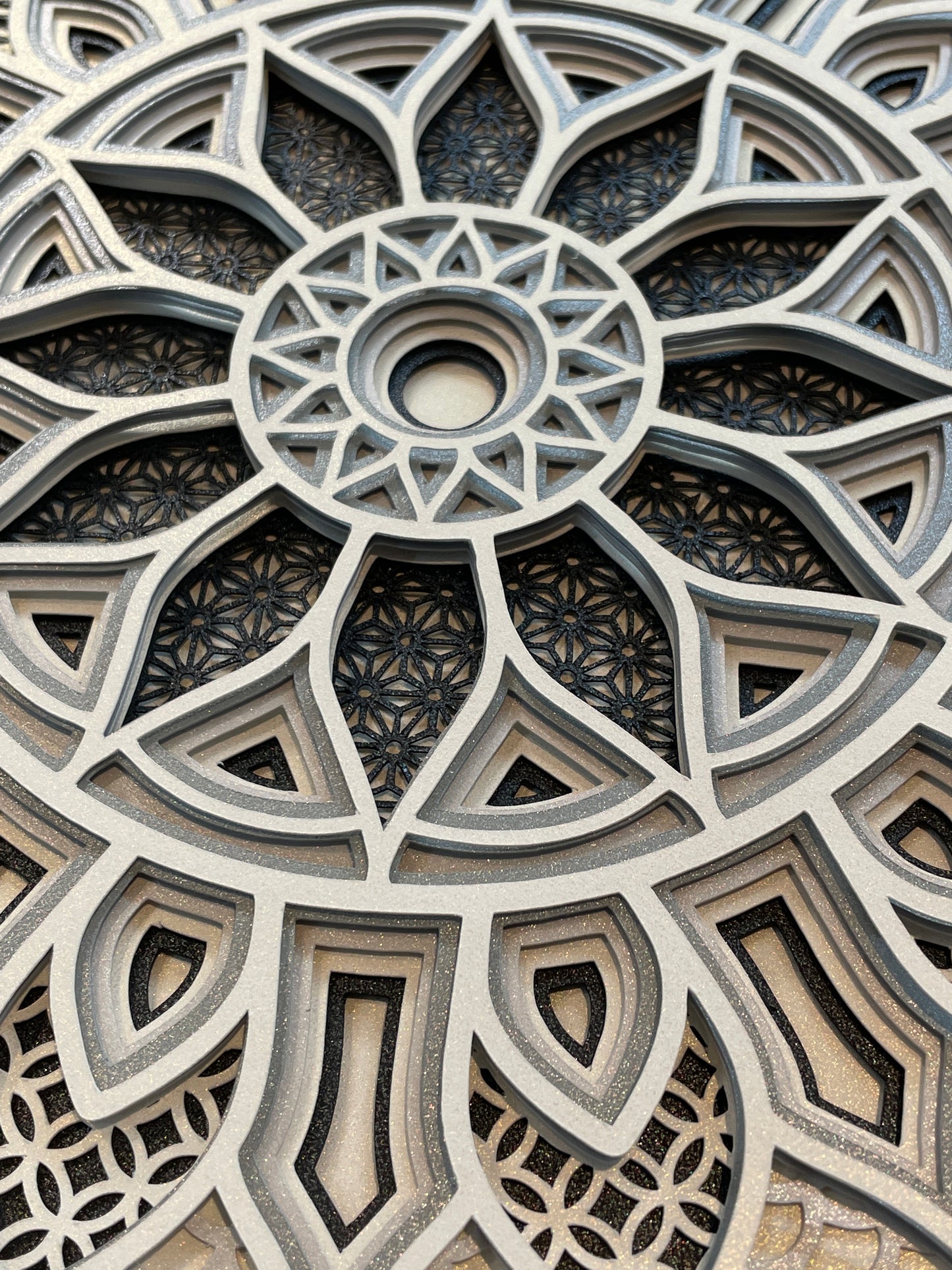 3d Layered Mandala close up image of details of SVG instant download file. Design is original to Home Stitchery Decor and available for purchase. Be sure to watch the included tutorial on the Home Stitchery Decor YouTube channel.