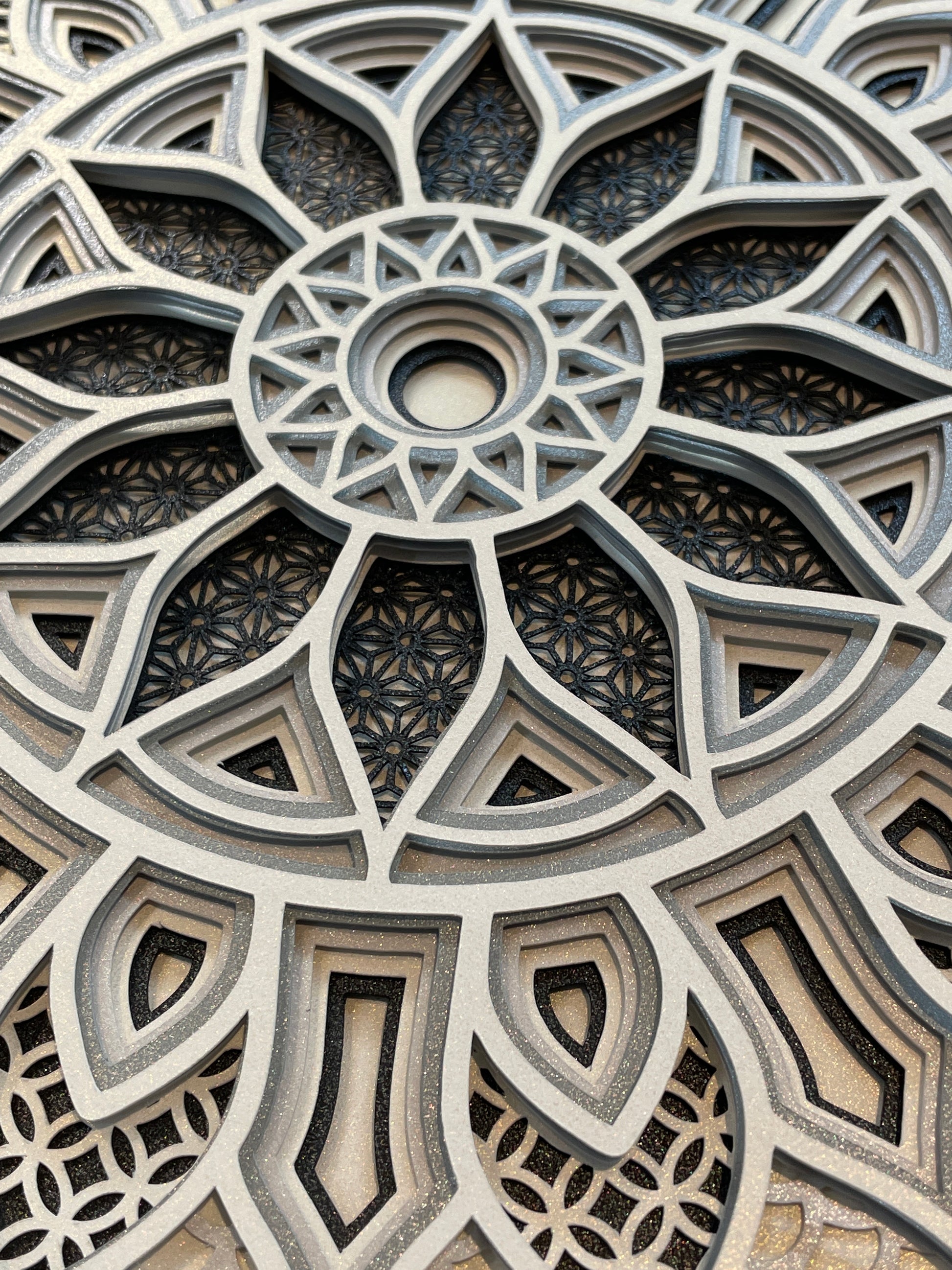3d Layered Mandala close up image of details of SVG instant download file.  Design is original to Home Stitchery Decor and available for purchase.  Be sure to watch the included tutorial on the Home Stitchery Decor YouTube channel.