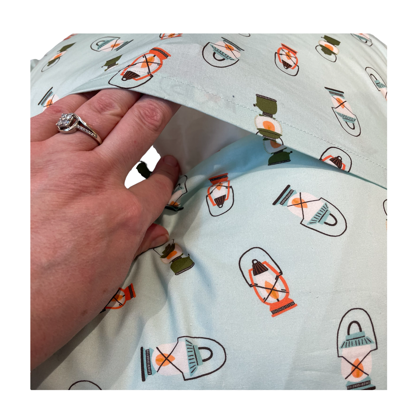 Camping Pillow with Camping Lantern. Glamping Decor Idea - Home Stitchery Decor