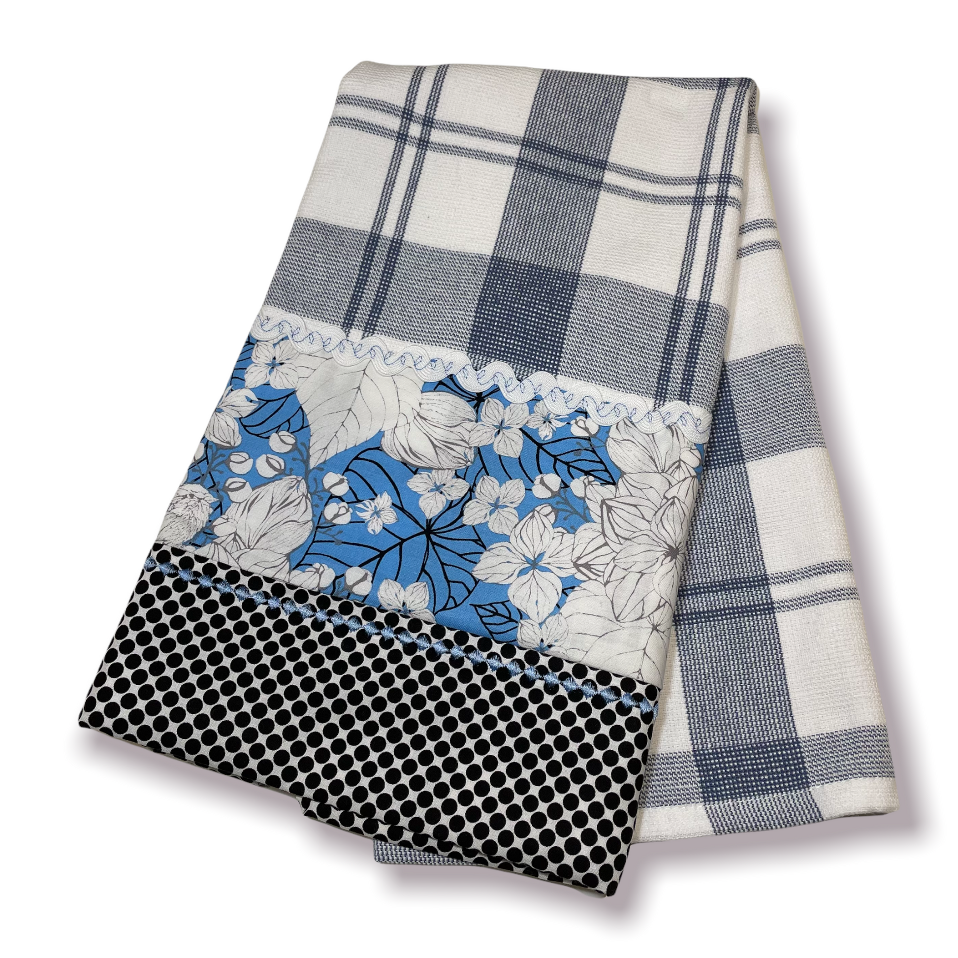 Blue and Black Decorative Dish Towel. Farmhouse Styled Tea towels. Part of a coordinated collection of kitchen decor by Home Stitchery Decor. Shop the look or make your own with tutorials on DIY Farmhouse Decor on the Home Stitchery Decor YouTube Channel.