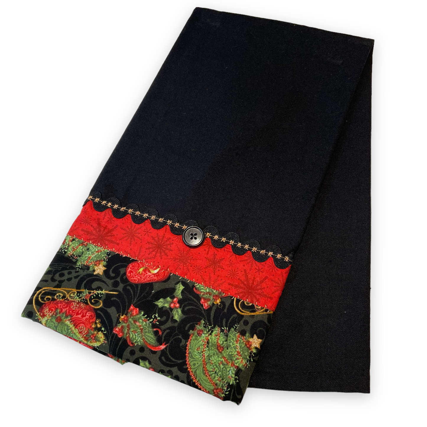 Red and Black Handcrafted Christmas Kitchen Dish Towel, Christmas Tea Towel - Home Stitchery Decor