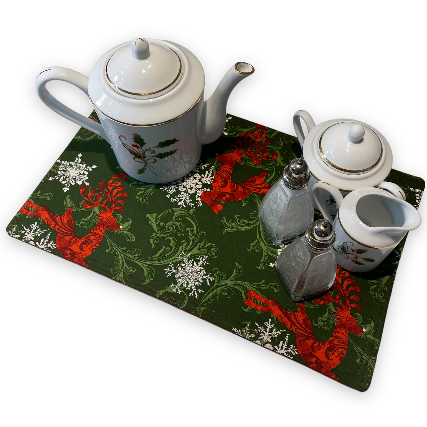 Reversible Christmas Table Centerpiece, Red and Green Reindeer Christmas Table Centerpiece. Part of a Mix and Match Collection of Handmade Christmas Gifts. Shop the entire collection at Home Stitchery Decor