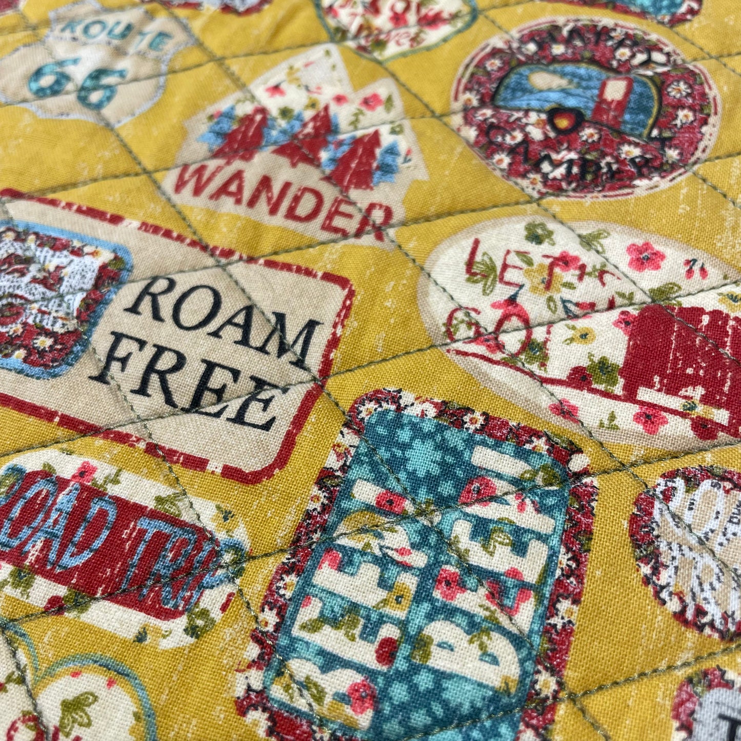 Quilted Camping Placemats. Set Of Two Route 66 Retro Camping Themed Placemats - Home Stitchery Decor
