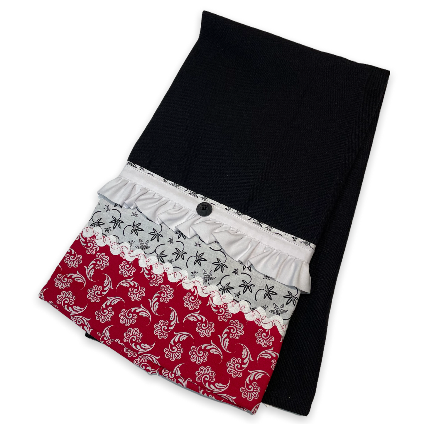 Modern Farmhouse Dish Towel. Black cotton toweling with red white and black quilting cotton accents. Featuring frilled broadcloth, Ric Rac, embroidery stitching and a button. Part of a mix and match collection of handcrafted modern farmhouse decor. Browse your favorites and follow along on the Home Stitchery Decor YouTube Channel.