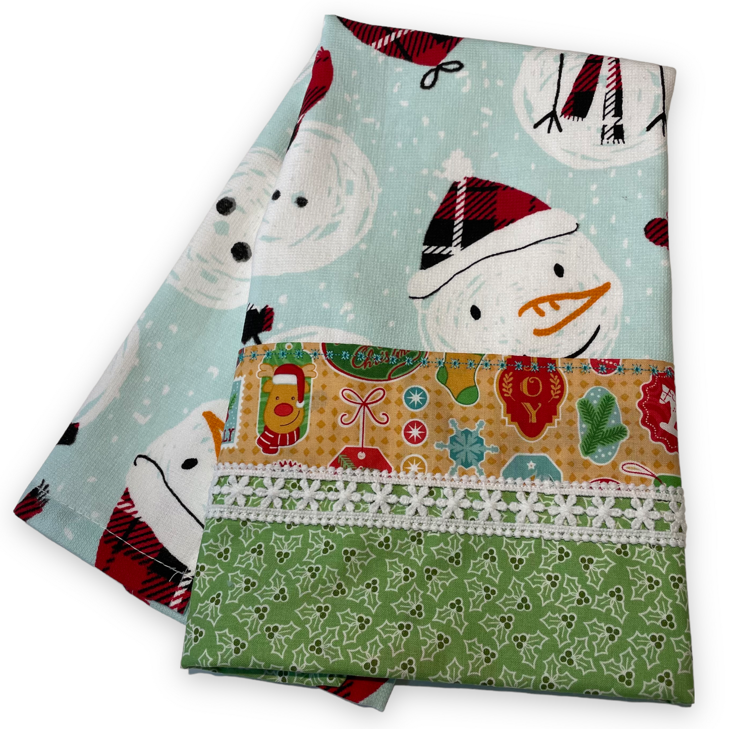 Snowman Kitchen Dish Towel. Christmas Tea Towel Featuring Handcrafted Accents - Home Stitchery Decor