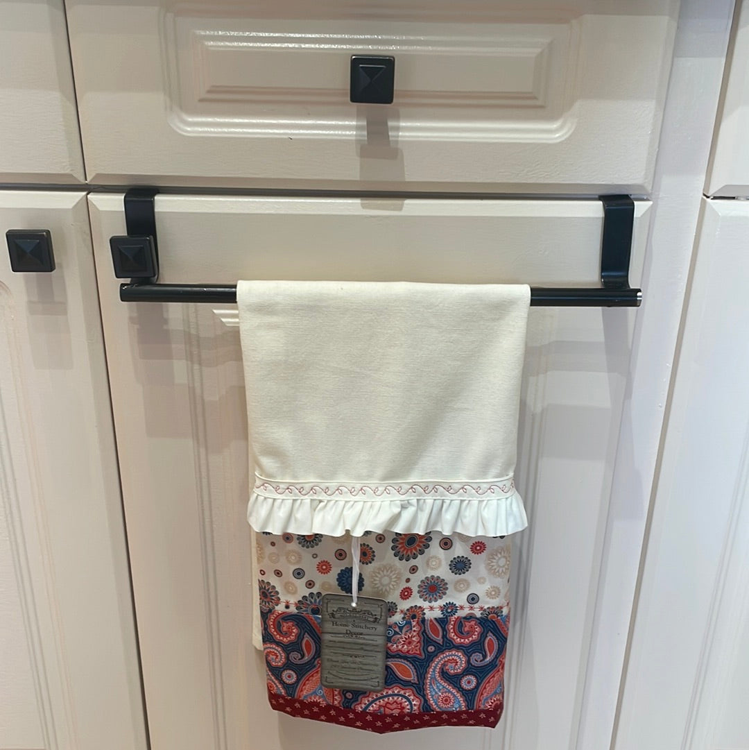 Decorative Dish Towel handcrafted by Home Stitchery Decor. Dress up your kitchen with stylish tea towels you cannot find in major stores! Shop your favorites or make your own with tutorials on the Home Stitchery Decor YouTube Channel. Cream cotton toweling with quilt cotton accents in burnt orange, blue and dark beige.