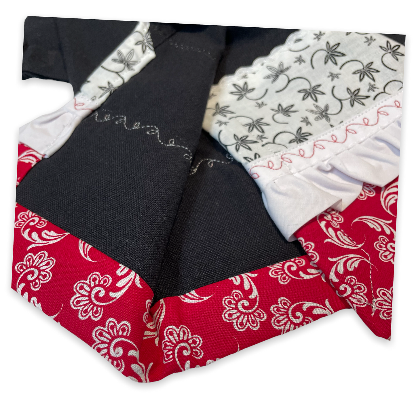 Farmhouse Kitchen Dish Towel featuring black toweling and quilt cotton accents. Embellished with white Ric Rac and Frilled Broadcloth with red embroidery stitching. Part of a collection of mix and match farmhemian styled home decor. Browse the entire collections online. Then head on over to the Home Stitchery Decor YouTube Channel for more Farmhouse DIY Decor fun!