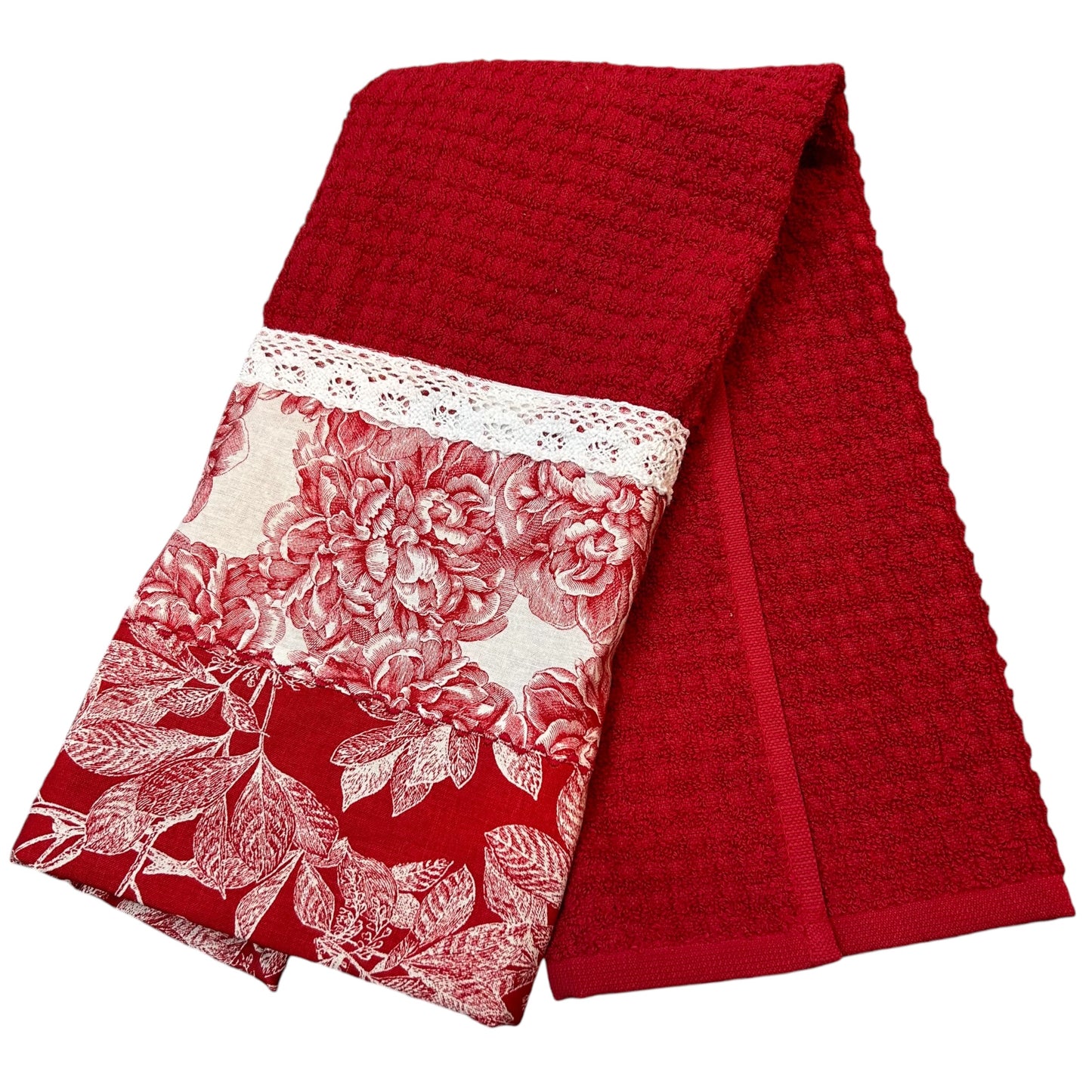 Red Floral Cotton Dish Towel with Handcrafted Quilt Cotton Details