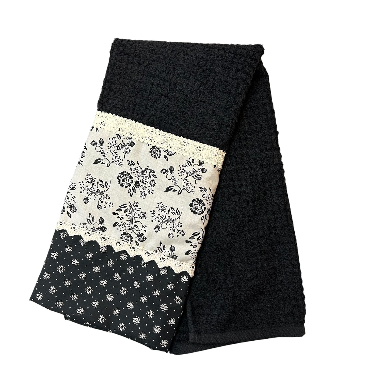 Black Floral Farmhouse Cotton Tea Towel with Quilt Cotton Accents and Lace Trim