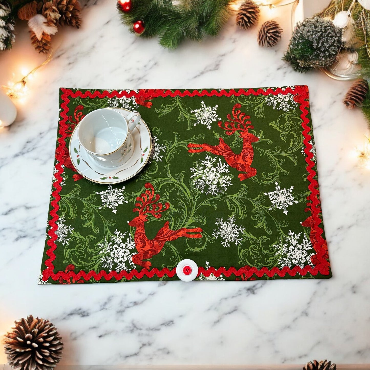 Handmade Canadian Reindeer Cotton Dish Drying Mat with RicRac Trim