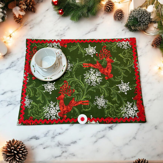 Handmade Canadian Reindeer Cotton Dish Drying Mat with RicRac Trim