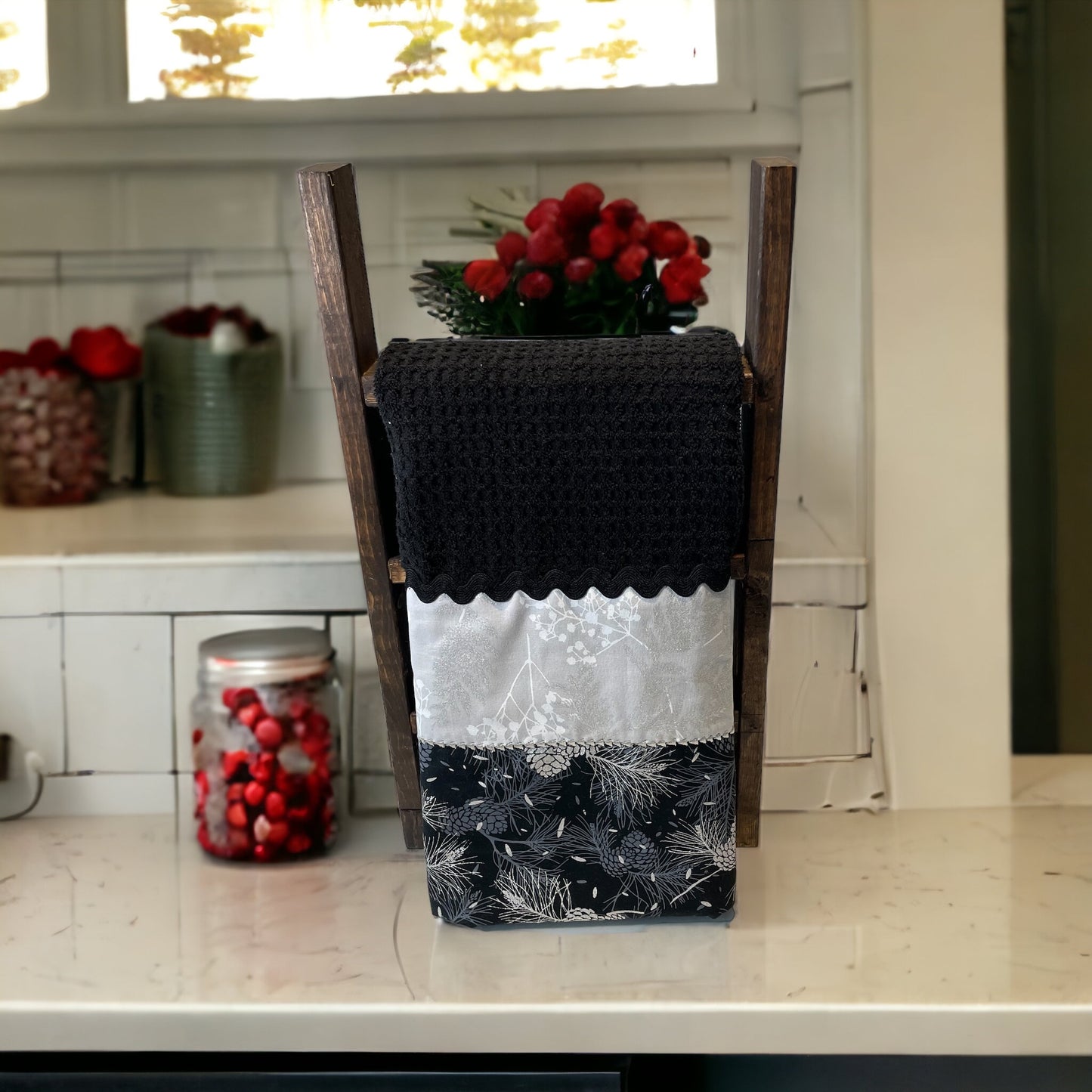 Stunning Handmade Christmas Kitchen Tea Towel in Black and Silver