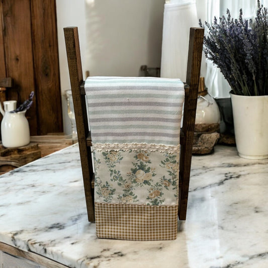 Handcrafted Green Floral Modern Farmhouse Dish Towel with Cream Cotton Lace Trim