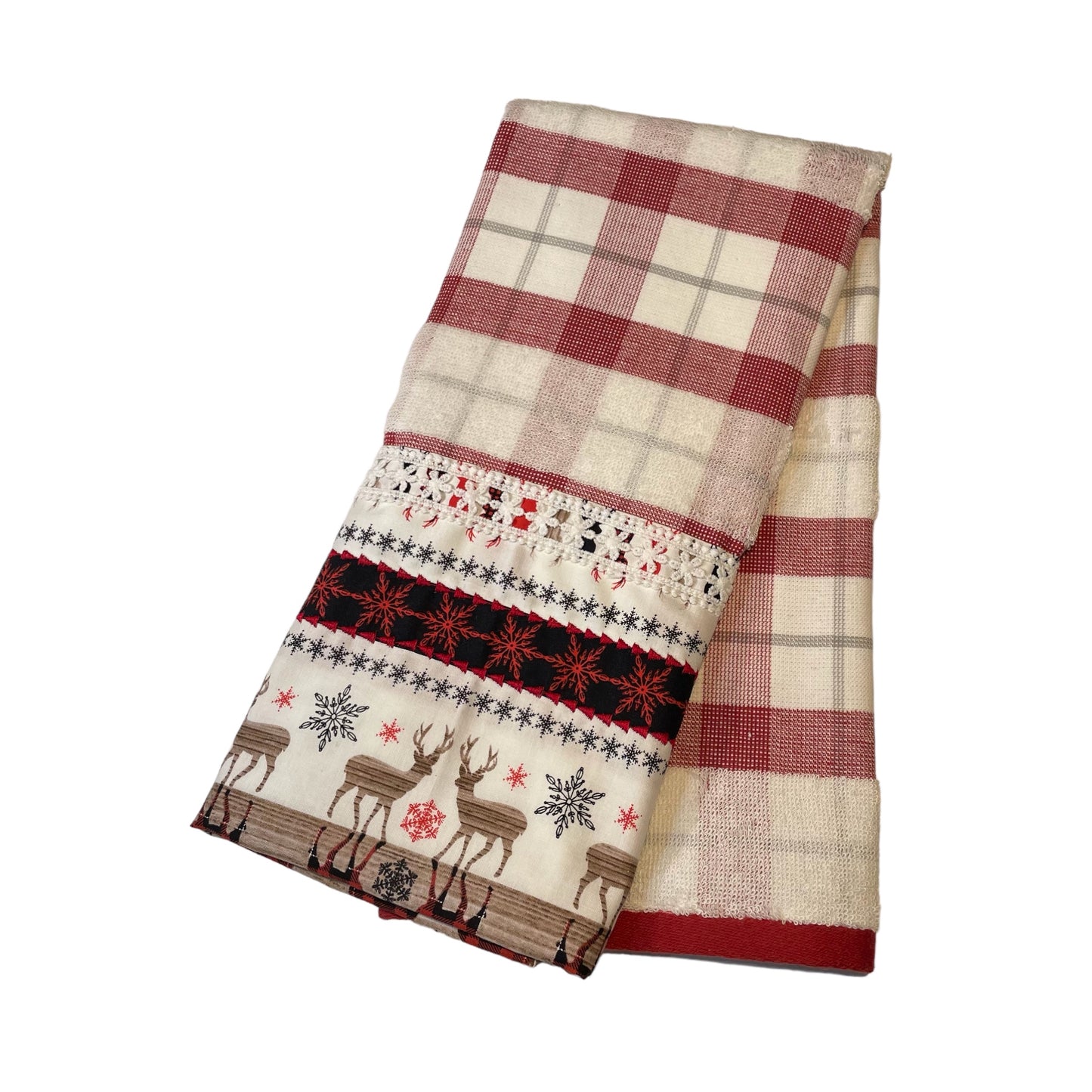 Handcrafted Christmas Red Reindeer Dish Towel with Quilt Cotton Accents and White Lace Trim