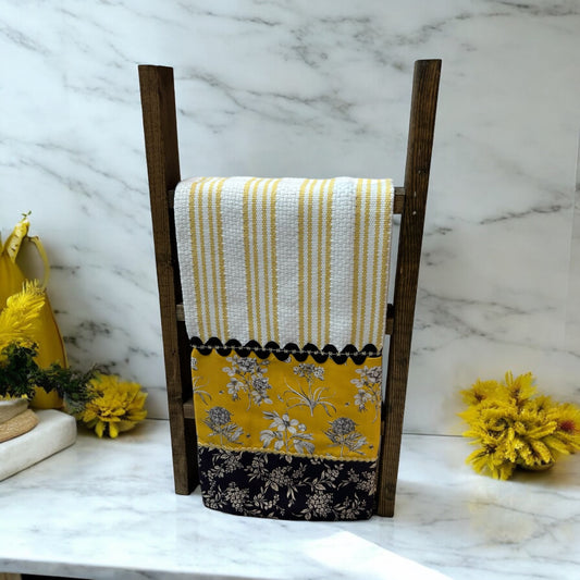 Handcrafted Yellow & Black Floral Farmhouse Dish Towel with Quilted Cotton Accents