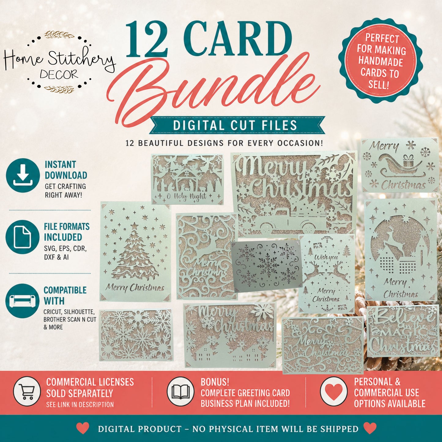 Christmas Card SVG Bundle – 12 Digital Christmas Card Designs + Business Plan Bonus