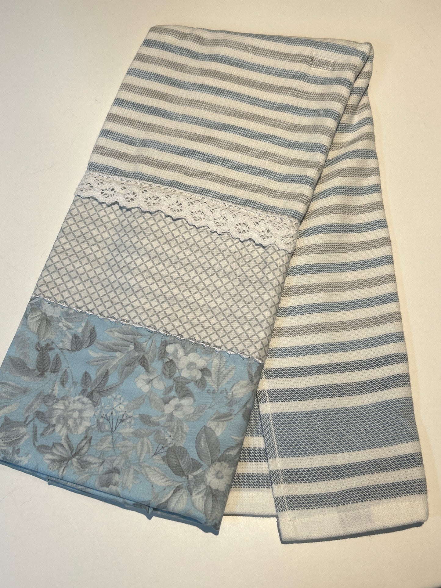 Blue and White Floral Farmhouse Tea Towel with Cotton Lace Trim - Handcrafted in Canada