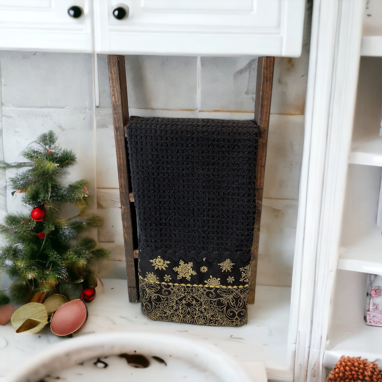 Black & Gold Christmas Dish Towel with Ricrac Trim and Gold Embroidery Stitching