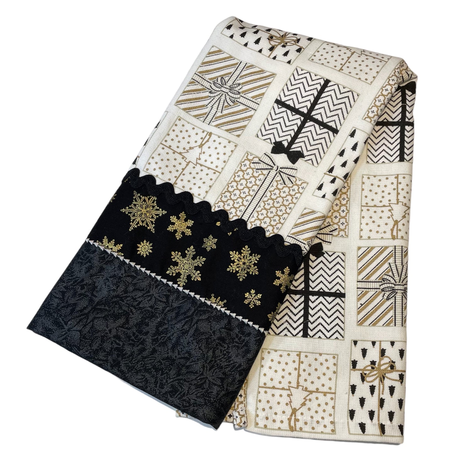 One-of-a-Kind Black and Gold Christmas Kitchen Dish Towel with Handmade Accents