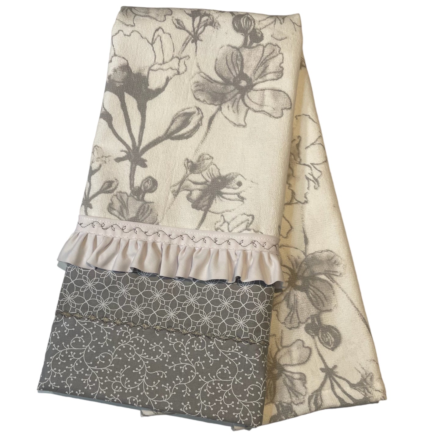 Modern Farmhouse Grey & White Floral Tea Towel - Handcrafted in Canada