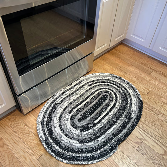 Black and Cream Floral Jelly Roll Rug Handmade in Canada