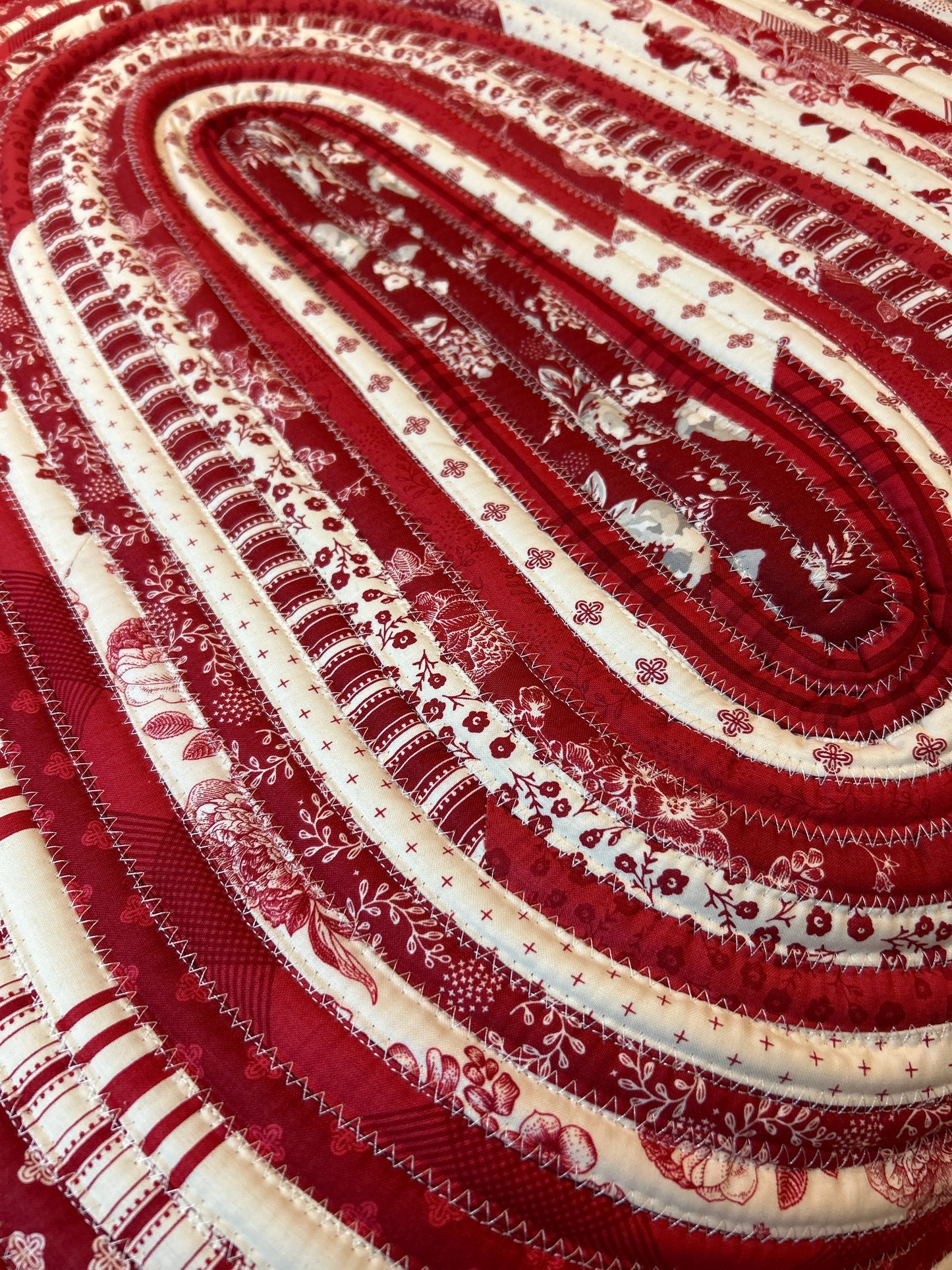 Handcrafted Red & White Toile JellyRoll Rug - Washable and Sewn in Canada