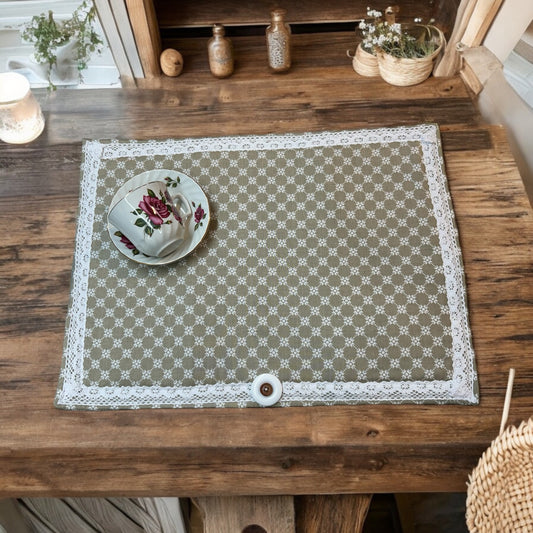Hand-Crafted Taupe and White Floral Dish Drying Mat - Quilt Cotton Material with White Cotton Lace Trim