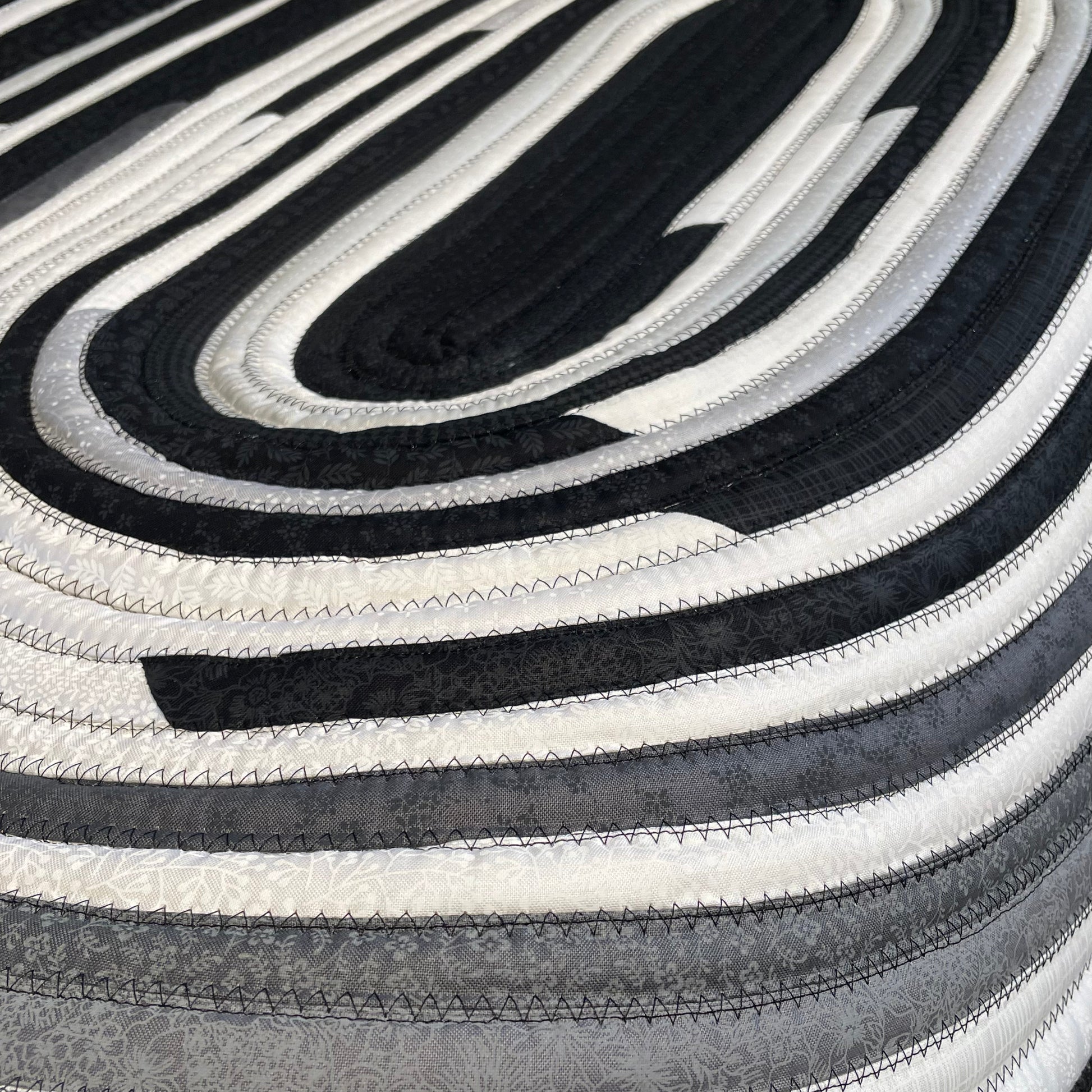 Handmade Kitchen Jelly Roll Rug. Featuring black, grey and white tones of quilting cotton. Washable and durable this rug will last for years. Handmade in Canada by Home Stitchery Decor