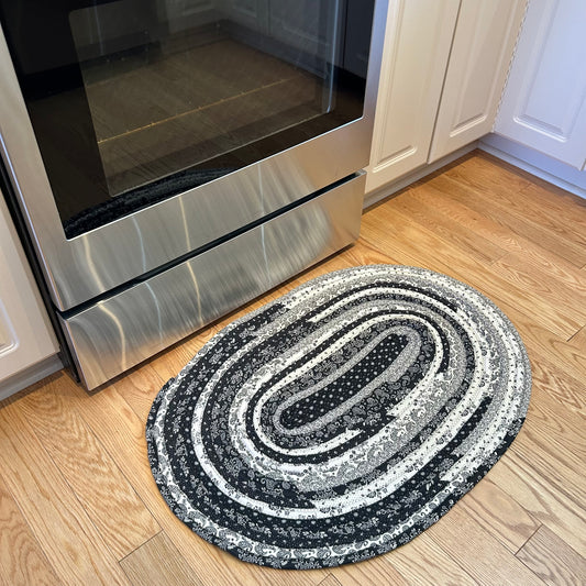 Black and Cream Washable Handmade Rug For Kitchen Jelly Roll Rug