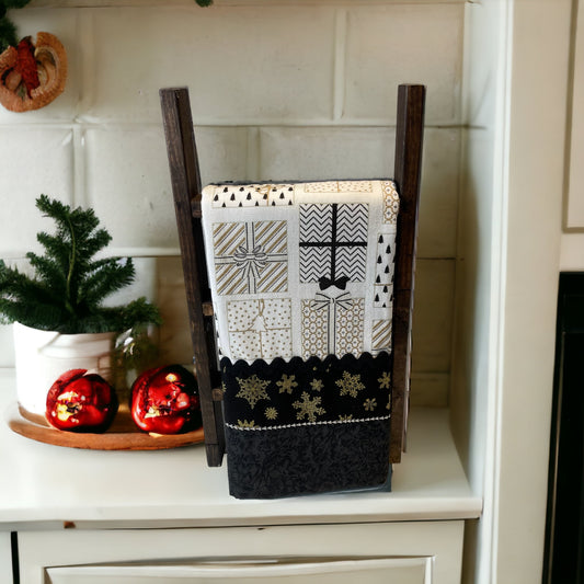 One-of-a-Kind Black and Gold Christmas Kitchen Dish Towel with Handmade Accents