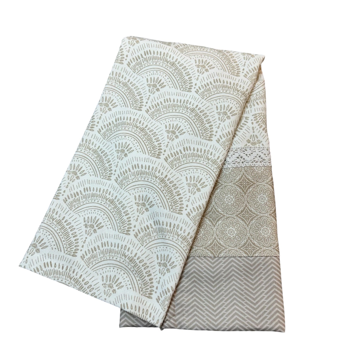 Handcrafted Taupe Farmhouse Dish Towel with Quilt Cotton Detailing and White Lace Trim