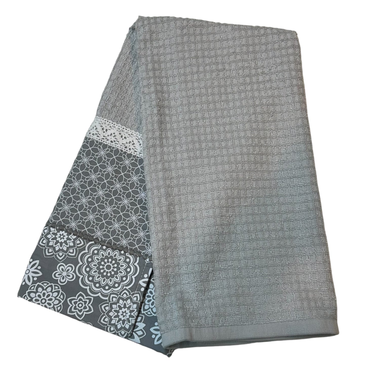 Grey & White Boho Dish Towel with Quilt Cotton Accents