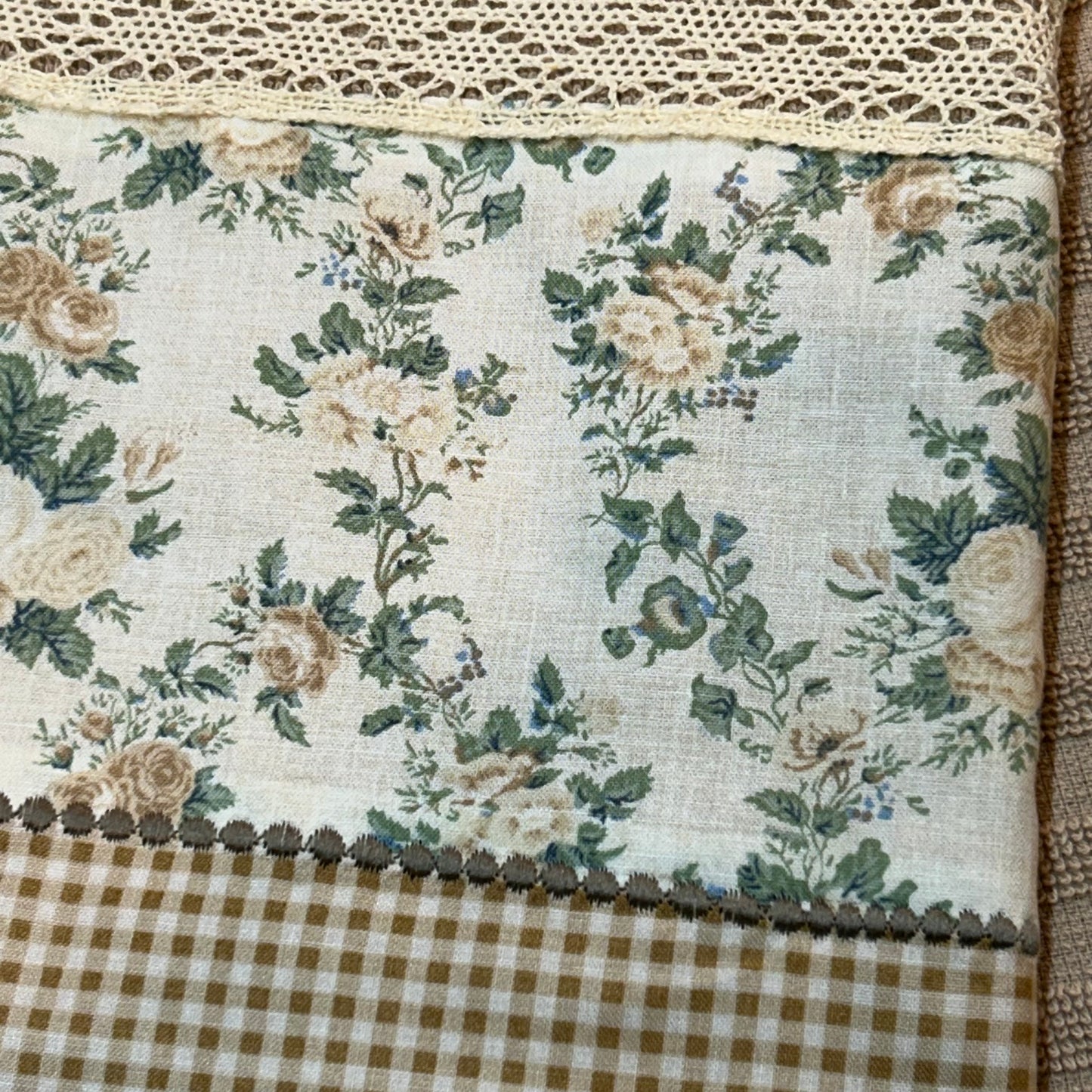 Handcrafted Green Floral Modern Farmhouse Dish Towel with Cream Cotton Lace Trim