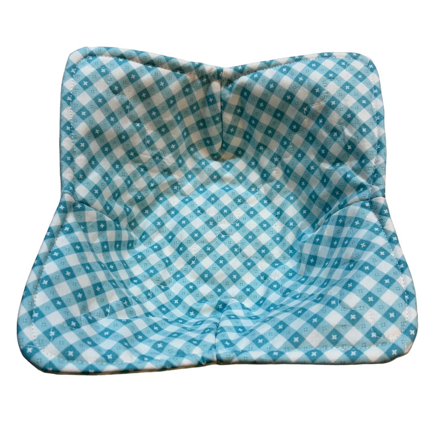 Checkered Kitchen Soup Bowl Cozy for Hot Soup Bowl. Reversible and washable this cute cozy is made with green and blue checkered quilt cotton and Pellon Wrap and Zap Batting.