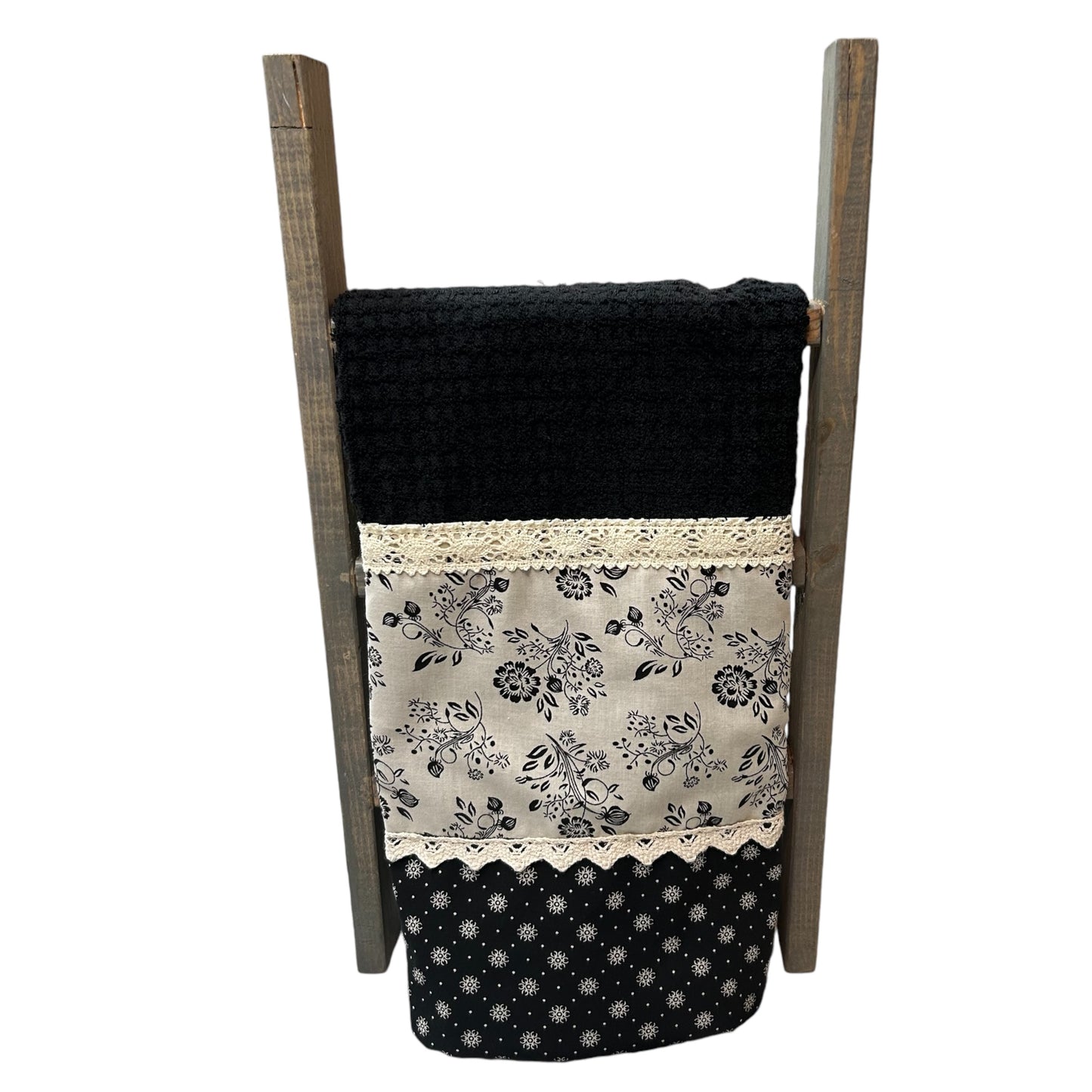 Black Floral Farmhouse Cotton Tea Towel with Quilt Cotton Accents and Lace Trim