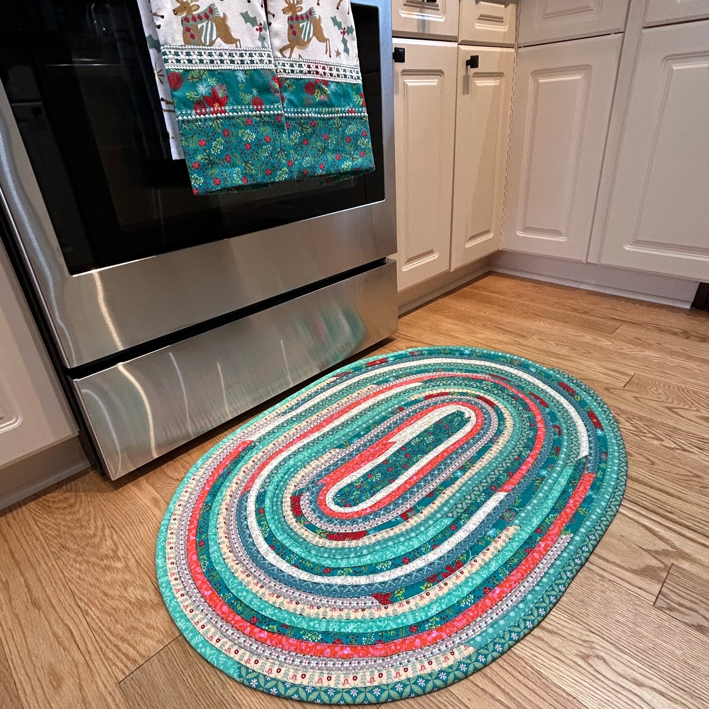 Teal Holiday JellyRoll Cotton Kitchen Rug - Washable and Crafted in Canada